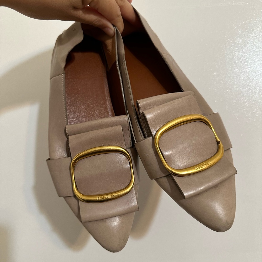 SEE BY CHLOÉ Taupe Gray Gold Hardware Leather Loafers Flats Two-Way Style